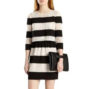 Karen Millen Striped Layered Lace Mini Dress Semi Sheer High Neck Pockets Size 8